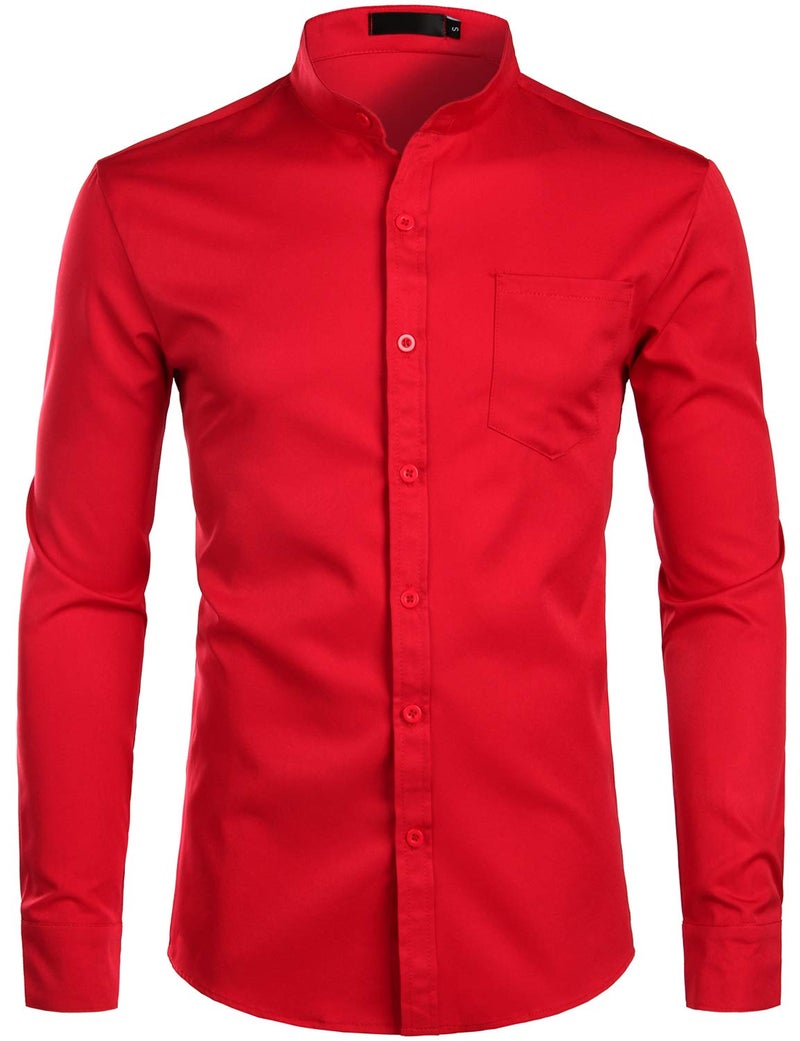 ZEROYAA Men's Banded Collar Slim Fit Long Sleeve Casual Button Down Dress Shirts with Pocket ZLCL09 Red X-Large - Image 1